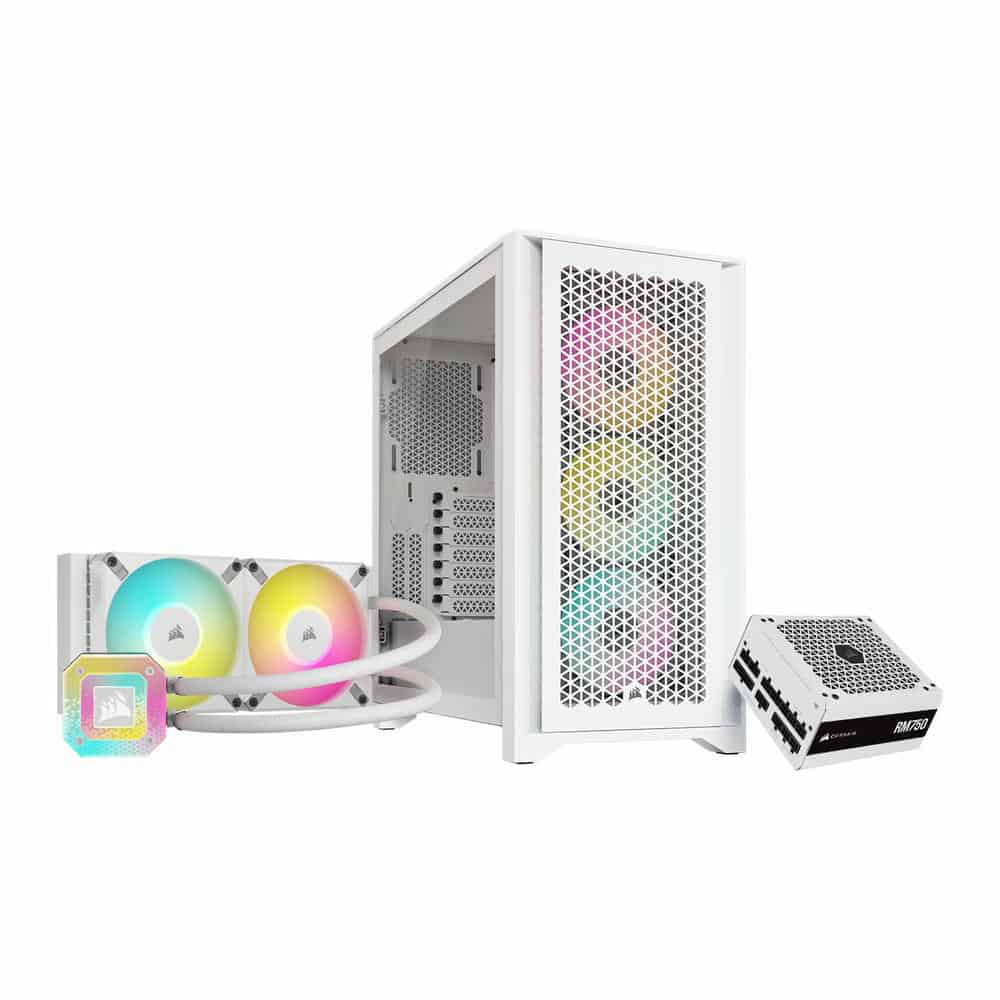 Corsair 4000D RGB Airflow White Chassis + Corsair RM750 White PSU + H100i CAPELLIX XT White Bundle